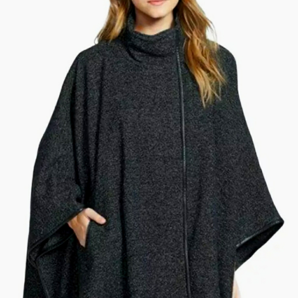 EILEEN FISHER Cotton Tweed Mock neck leather trim Poncho M/L